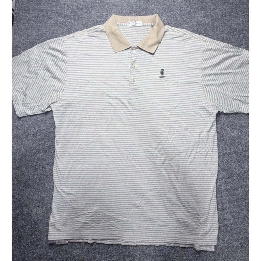 Peter Millar Mens Large Striped Golf Polo Shirt Tan Blue Cotton Made in Korea